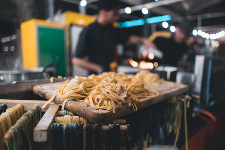 traditional italian black and yellow raw pasta on food festivalの写真素材