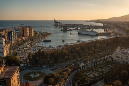 aerial view of city port, park, harbor and downtown of Malaga, Andalusia, Spainの写真素材