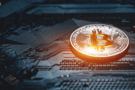 golden bitcoin cryptocurrency coin on electronic chip backgroundの写真素材