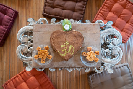 sweet vegan yum cake and goodies on table for birthdayの写真素材