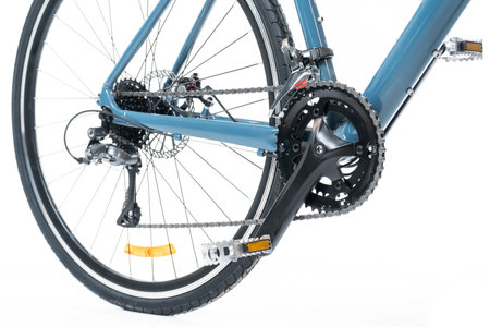 bicycle rear wheel with gears and chain isolated on white backgroundの写真素材