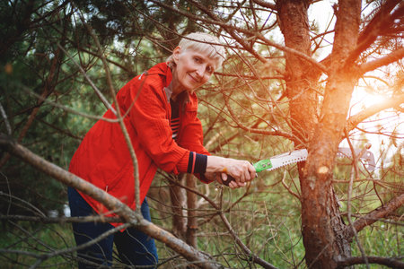 female person with saw cutting branch of tree in gardenの写真素材