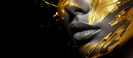 young beautiful female with golden paint make up on black background, generative AIの素材