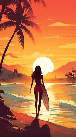 illustration of female surfer with surfboard at sunset, woman with surf board at beach, generative AIの素材