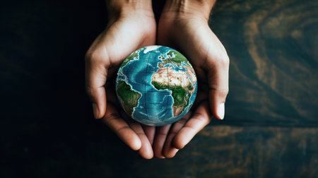 person holding Earth in hand, planet care and environmental conservation, ecology and climate change, generative AIの素材