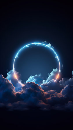 neon glowing circle in dark clouds, futuristic background, in style of purple and blue, generative AIの素材