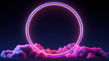 neon glowing circle in dark clouds, futuristic background, in style of purple and blue, generative AIの素材