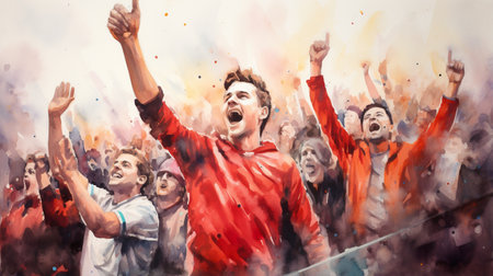 watercolor illustration of excited emotional crowd of sport fans screaming on match at stadium, generative AIの素材