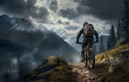 man on bike at nature, extreme bicycle sport at mountain and forest, generative AIの素材