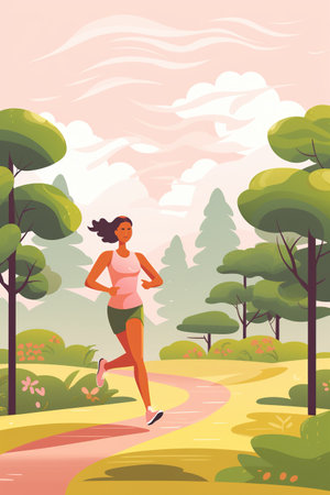 young happy female have workout and running or jogging in park at nature, generative AIの素材
