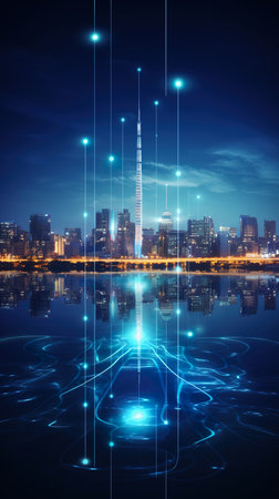 communication and network in big city, data exchange in modern world concept, generative AIの素材