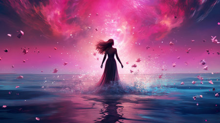 illustration of beautiful woman in fantasy world, pink and purple sky and sea, generative AIの素材