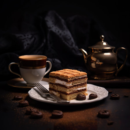 hot fresh espresso or americano coffee with biscuit cake with cream and chocolate, generative AIの素材