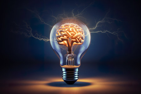 creative idea, creativity and imagination, brainstorm with light bulb and brain concept, generative AIの素材