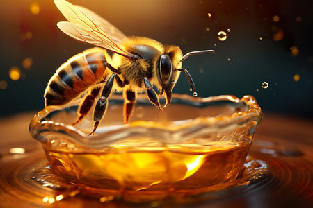 bee flying over golden honey drop macro, generative AIの素材