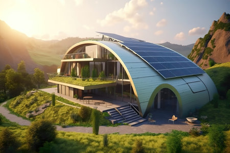 green house with solar panels on roof, alternative energy technologies on residential home building, generative AIの素材