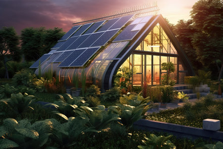 green house with solar panels on roof, alternative energy technologies on residential home building, generative AIの素材
