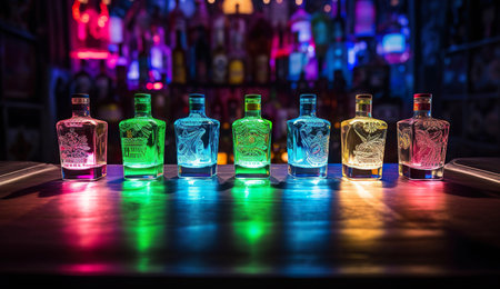 set of colorful alcohol drinks in glasses at bar counter in night clubの素材