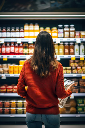 woman at grocery store choosing food and shopping, person in supermarket shop making decision to buyの素材