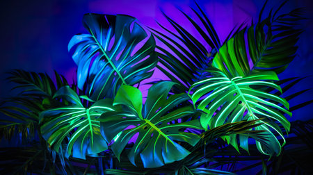 exotic leaves and flowers in neon glowing light background, colourful wallpaperの素材