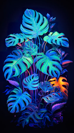 exotic leaves and flowers in neon glowing light background, colourful wallpaperの素材
