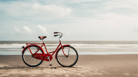 old vintage red bicycle on beach at sea backgroundの素材