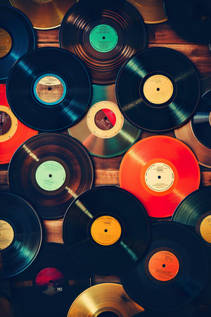 colorful vinyl collection background, old vintage retro wallpaperの素材