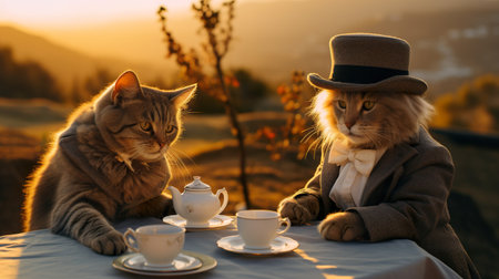 funny cat family drink tea at sunset, two kitty sitting by table and drinking hot drink, animal have breakfast at natureの写真素材