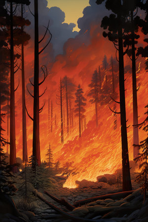 forest fire at night, natural wildlife disaster, flame and tree burningの写真素材