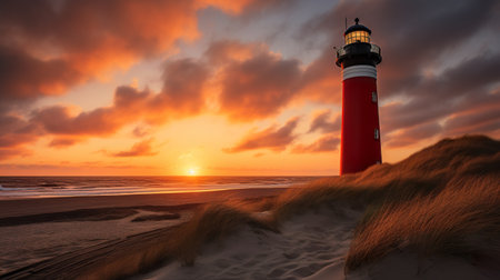 red lighthouse at ocean or sea shore at sunny day, cloudy sky and sunsetの素材