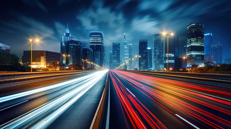 big city skyline and traffic lights blurred motion, skyscrapers and highway light trails at rush hourの素材