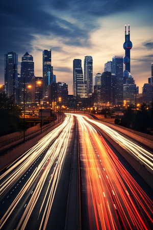 big city skyline and traffic lights blurred motion, skyscrapers and highway light trails at rush hourの素材