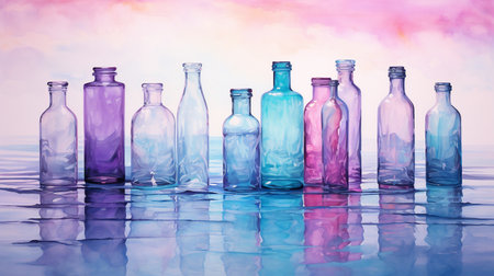 set of old vintage colorful bottles with liquid, chemistry or perfumeryの素材