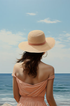 back view of woman in summer sun hat standing by sea or ocean water an looking at nature, follow me conceptの素材