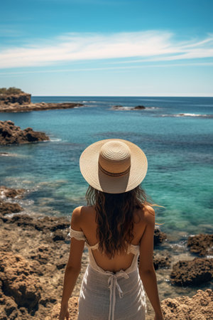 back view of woman in summer sun hat standing by sea or ocean water an looking at nature, follow me conceptの素材
