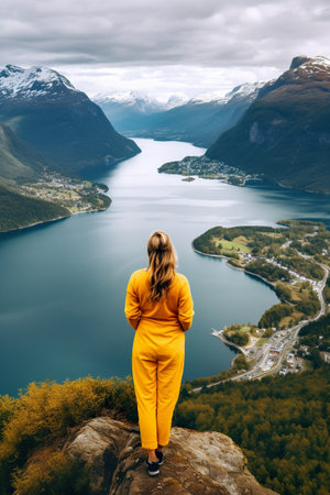 woman hiker standing at cliff by alpine lae and watching beautiful mountains, female hike and travel conceptの素材