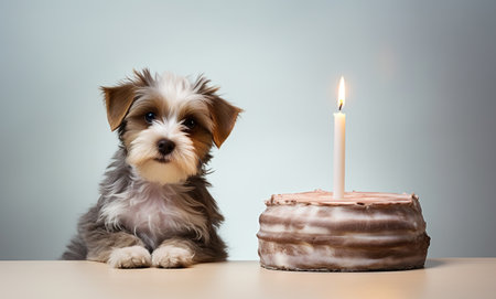 cute and funnydog celebrate happy birthday by cake with candlesの素材