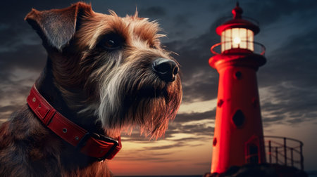 cute adorable dog walking by red lighthouse at sunsetの素材