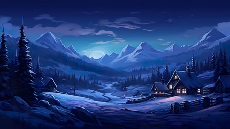 small village and cozy house at mountain at snowy winter, fairytale style illustrationの素材