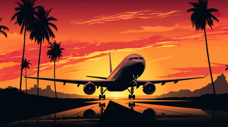 airplane landing of take of on airport runway at sunset, plane flight at orange sky backgroundの素材