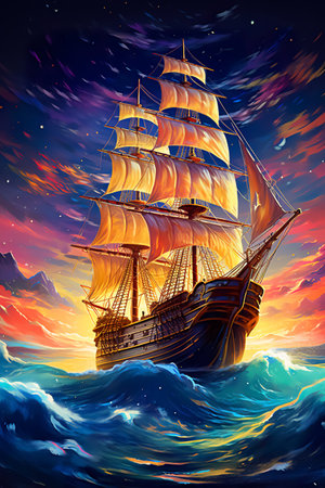 colorful illustration of old ancient wooden sail shipm pirate sailboat at open sea or ocean, in style of watercolorの素材