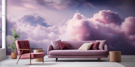 modern room interior with purple dreamy clouds wallpaper, creative apartment designの素材