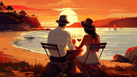 young happy couple celebrate and dating at sunset, romantic man and woman drink wine talk, male and female romanceの写真素材