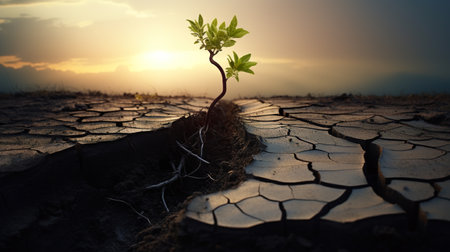 growth on small plant in dry soil, green seedling growing in barren drought dirt, new life and hope conceptの素材