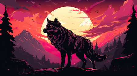 lonely wolf standing in forest on mountain background, illustration in style of red and yellowの素材