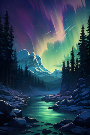 majestic colorful aurora borealis over snowy winter mountains, amazing natural phenomenonの素材