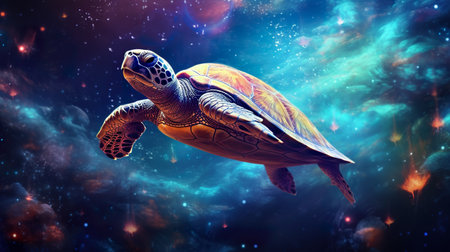 giant surreal turtle swimming in open space with colorful nebulas and stars, stylish wallpaper illustrationの素材