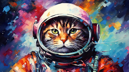 funny astronaut cat in space suit, fun kitty in spacesuit flying in cosmosの素材