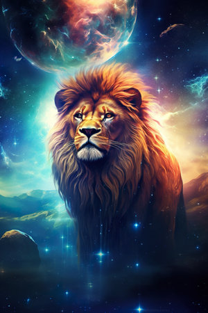 magic fantasy portrait of lion sitting in open space with stars and nebulas, king of nature in colorful cosmosの素材