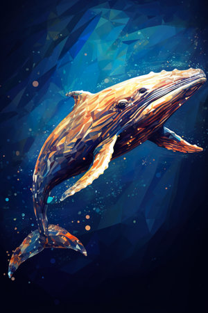 colorful illustration of magic fantasy whale swimming in open space or underwaterの素材
